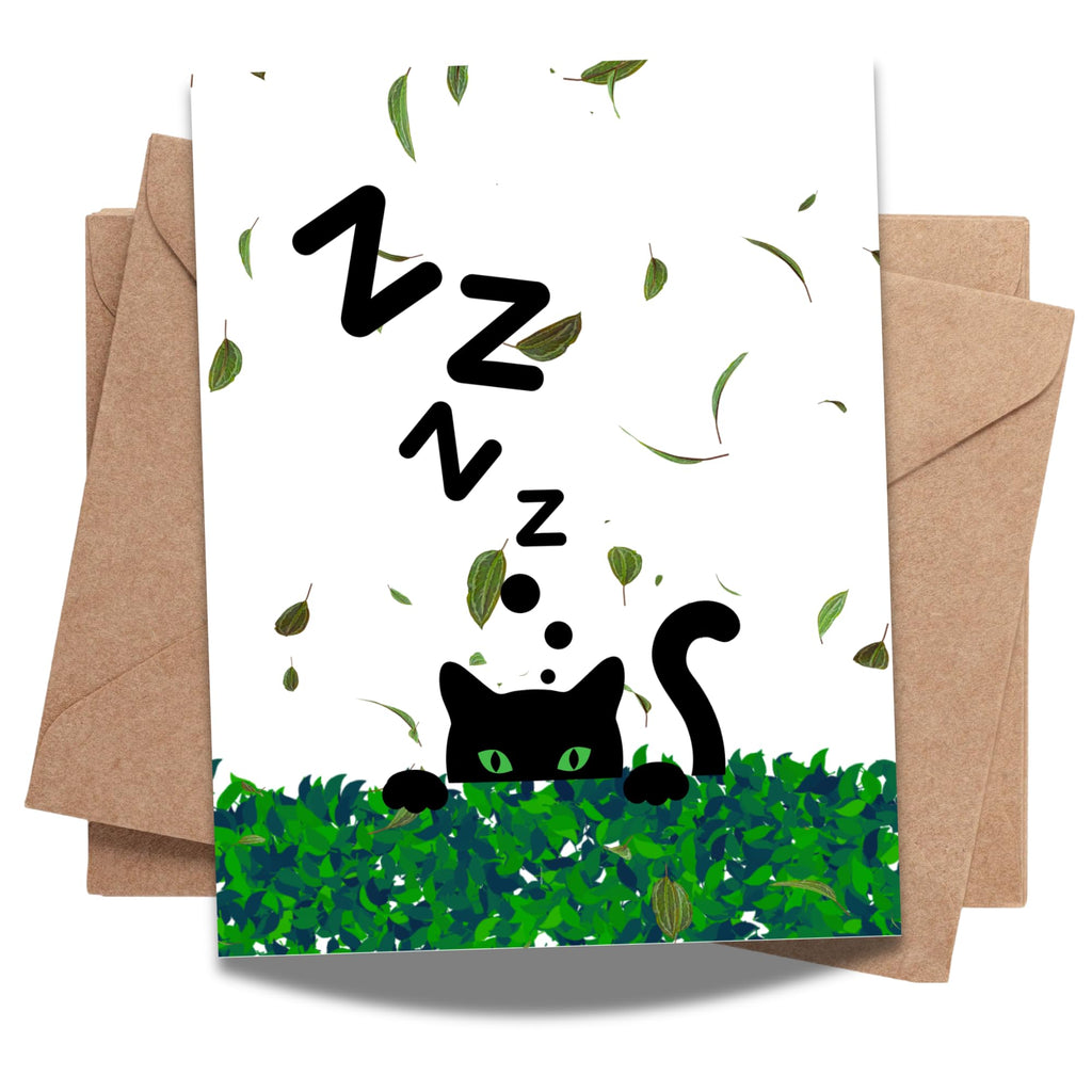 Cute Sleeping Cat Greeting Card – Black Cat with Green Eyes in Leafy Hedge with Zzz’s – 4.25x5.5 inch – Blank Inside – Fun Card for Cat Lovers & Naps