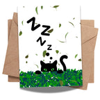 Cute Sleeping Cat Greeting Card – Black Cat with Green Eyes in Leafy Hedge with Zzz’s – 4.25x5.5 inch – Blank Inside – Fun Card for Cat Lovers & Naps