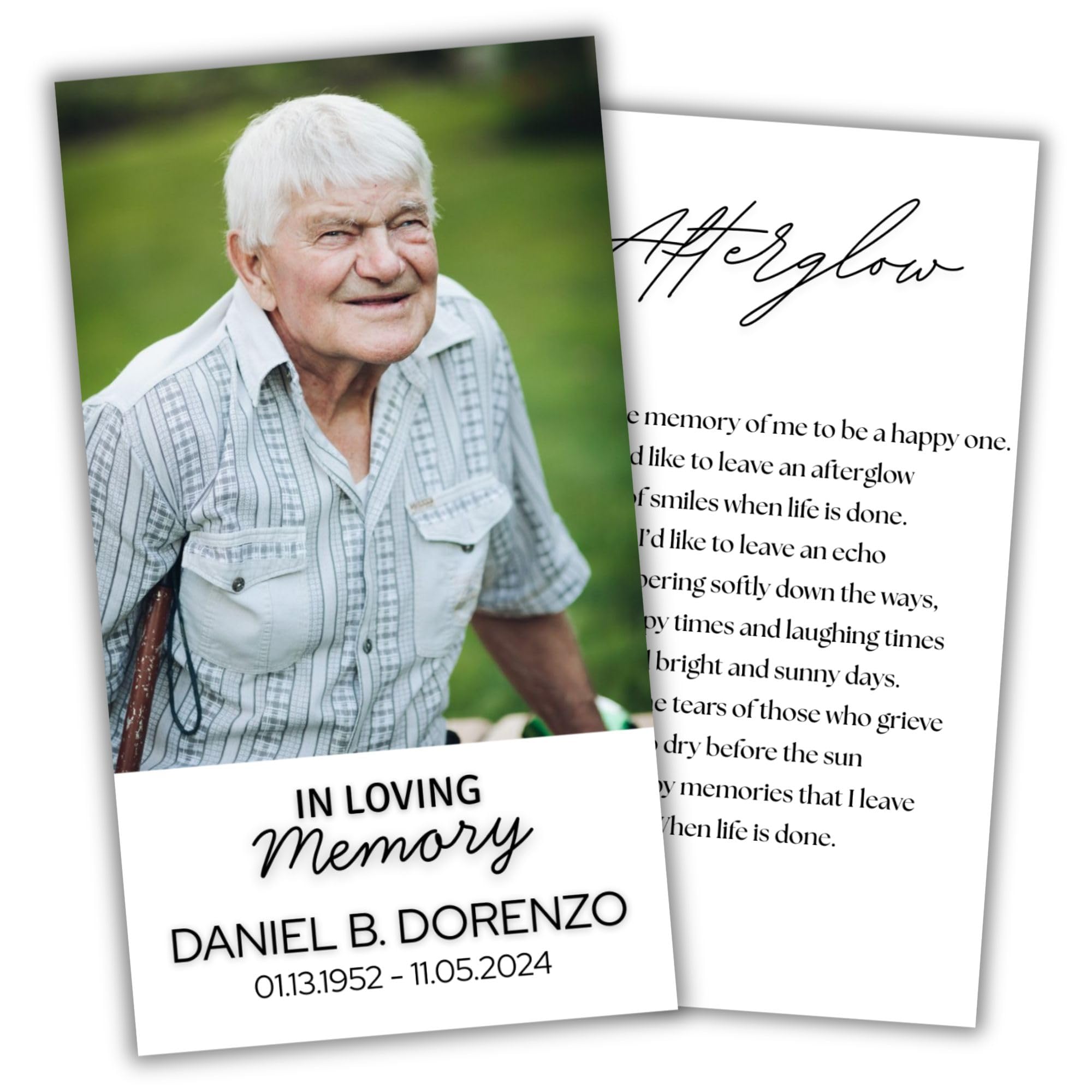 Custom Funeral Memorial Cards – Double-Sided with Photo, Prayer & Poem, Personalized Tribute Keepsakes, Remembrance, Sympathy, Comfort, Funeral Favors