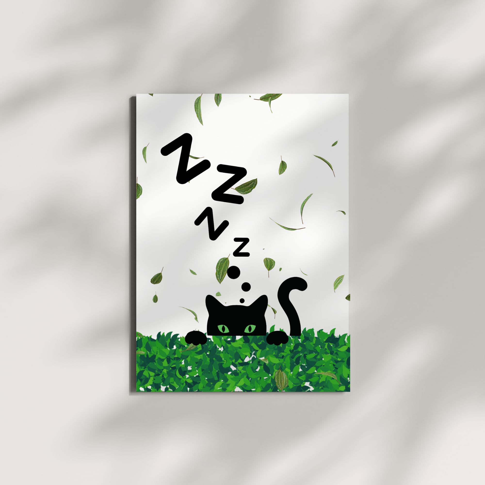 Cute Sleeping Cat Greeting Card – Black Cat with Green Eyes in Leafy Hedge with Zzz’s – 4.25x5.5 inch – Blank Inside – Fun Card for Cat Lovers & Naps
