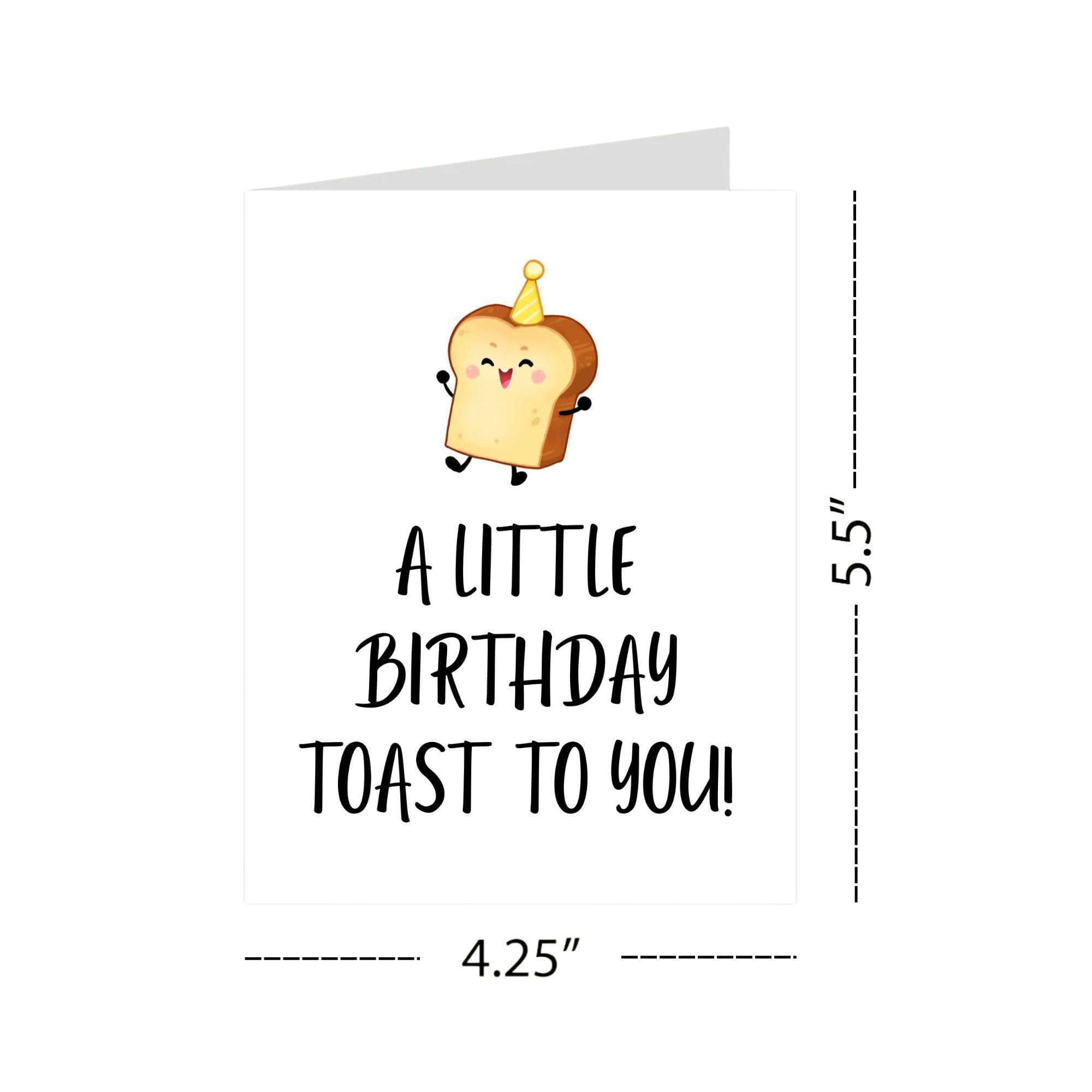 Funny Birthday Toast Card “A Little Birthday Toast to You!” Cute Bread Illustration with Party Hat – Greeting for Men, Women, kids – Handmade USA