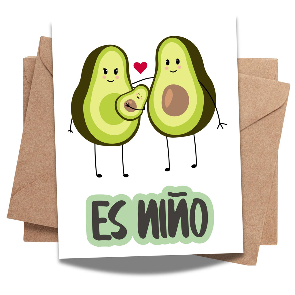 Tarjeta de Nacimiento Niño – Diseño Divertido de Familia de Aguacates – 10.8x14 cm – Interior en Blanco – Felicitación Adorable para Bebé Recién Nacido
