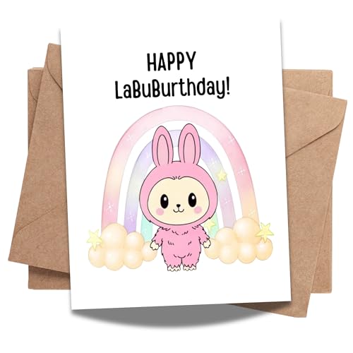 Cute Birthday Card Compatible with Labubu Birthday Theme, Handmade Greeting Card for Kids, Friends, Collectors, Anime-Inspired Gift
