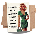 Retro Funny Anniversary Greeting Card Retro Woman Trophy Design for Husband, Wife, Boyfriend, Girlfriend – Love Card for Couples – Made in USA