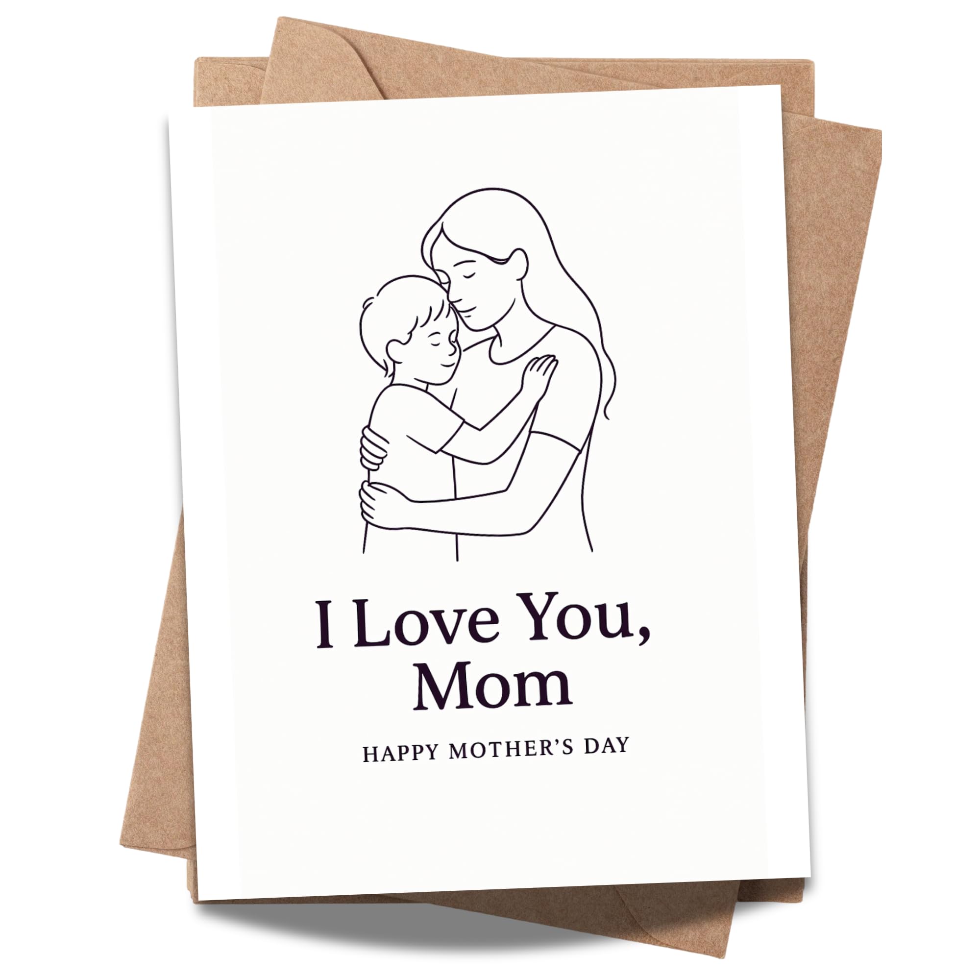I Love You Mom Mother’s Day Card – Minimalist Line Art of Mom and Child Hug – Blank Inside – 4.25x5.5” Greeting Card – Sweet and Sentimental Gift