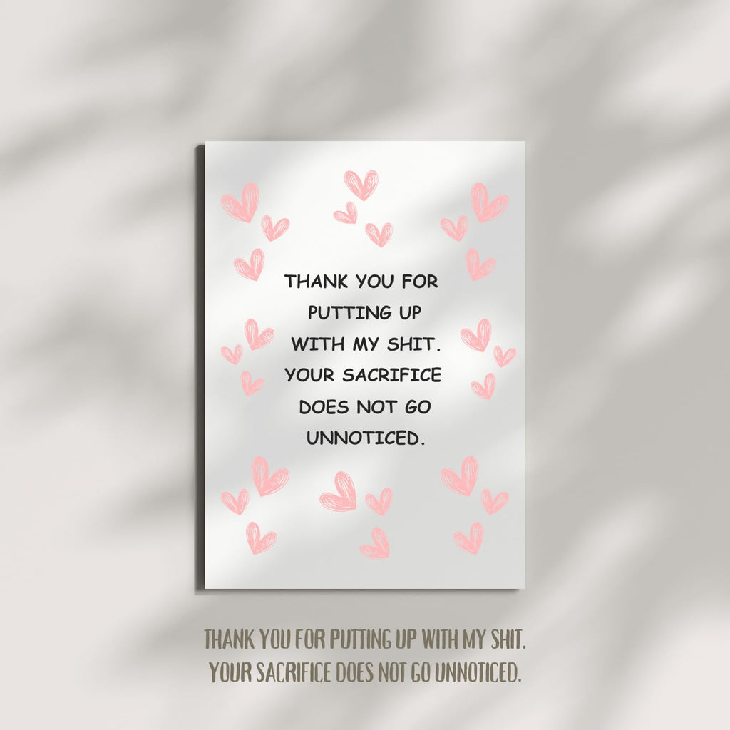 Funny Thank You Card – “Thank You for Putting Up with My Sh*t” | Pink Heart Design, Perfect for Friends, Family, or Colleagues | Humorous Appreciation Card
