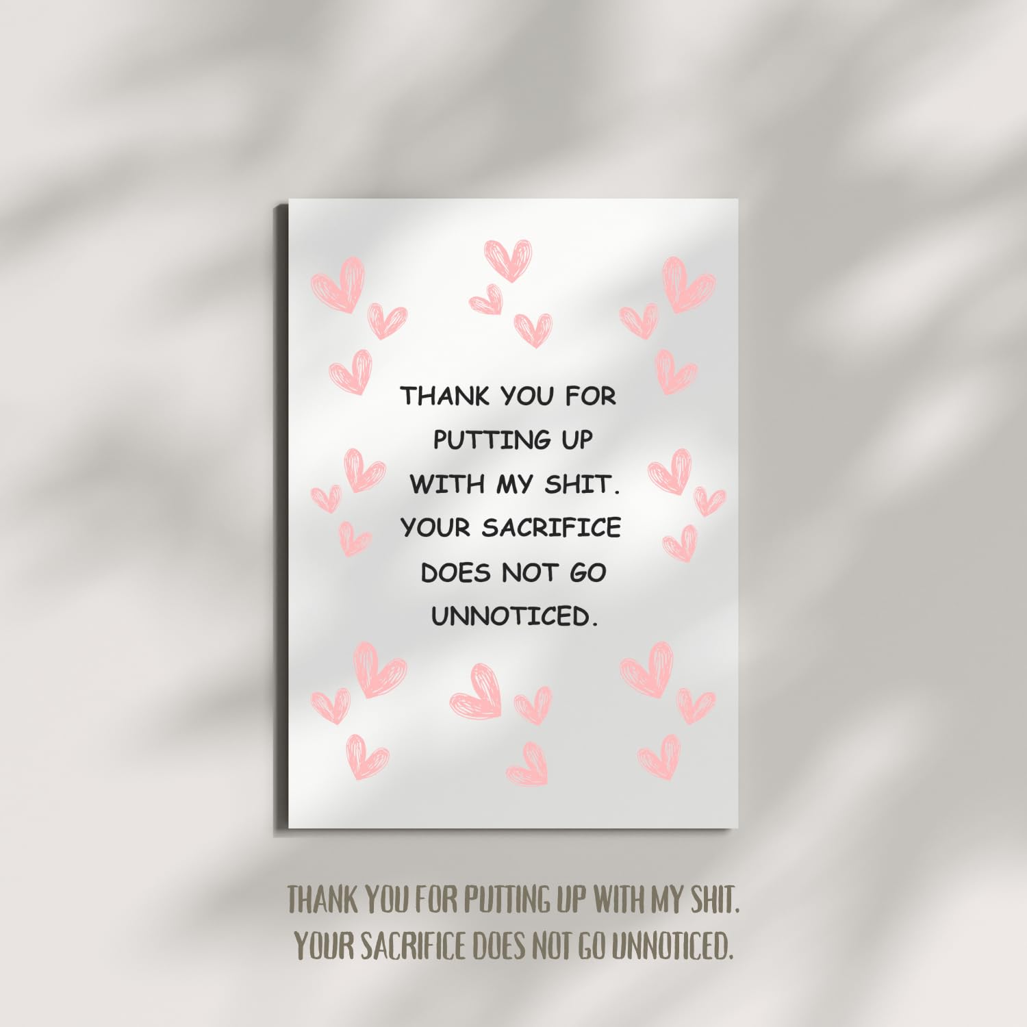 Funny Thank You Card – “Thank You for Putting Up with My Sh*t” | Pink Heart Design, Perfect for Friends, Family, or Colleagues | Humorous Appreciation Card