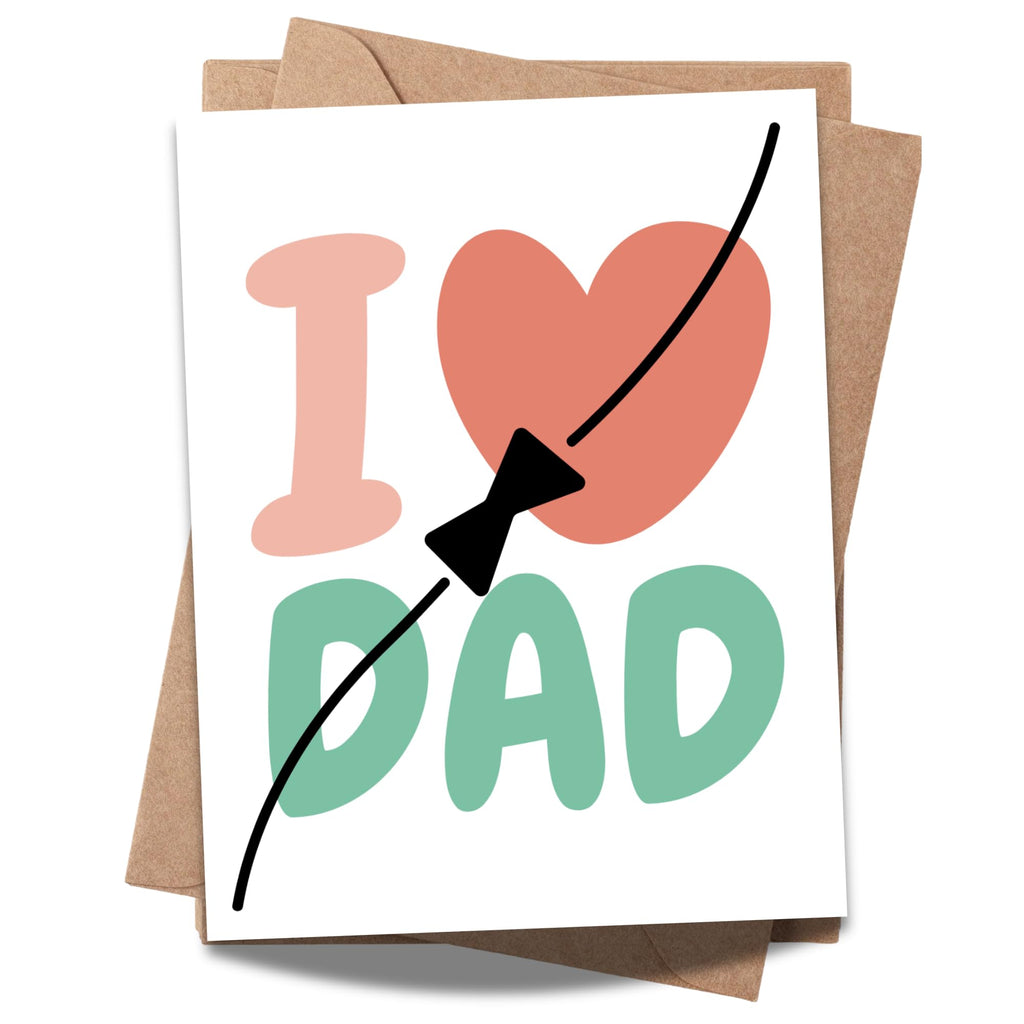 I Love Dad Greeting Card – Cute Father’s Day Card with Heart and Bow Tie Design – 4.25x5.5 inch – Blank Inside – Fun Gift for Dad from Kids or Adults