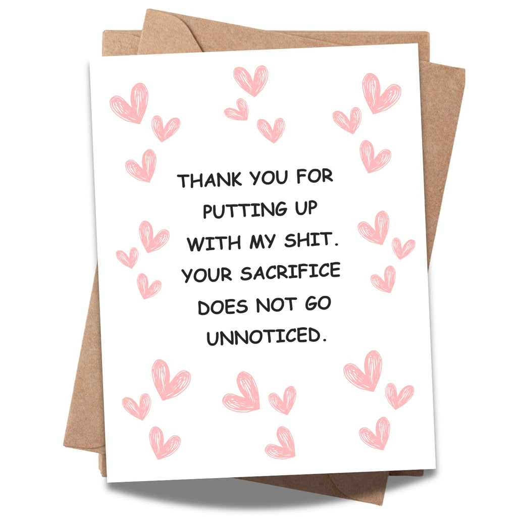 Funny Thank You Card – “Thank You for Putting Up with My Sh*t” | Pink Heart Design, Perfect for Friends, Family, or Colleagues | Humorous Appreciation Card