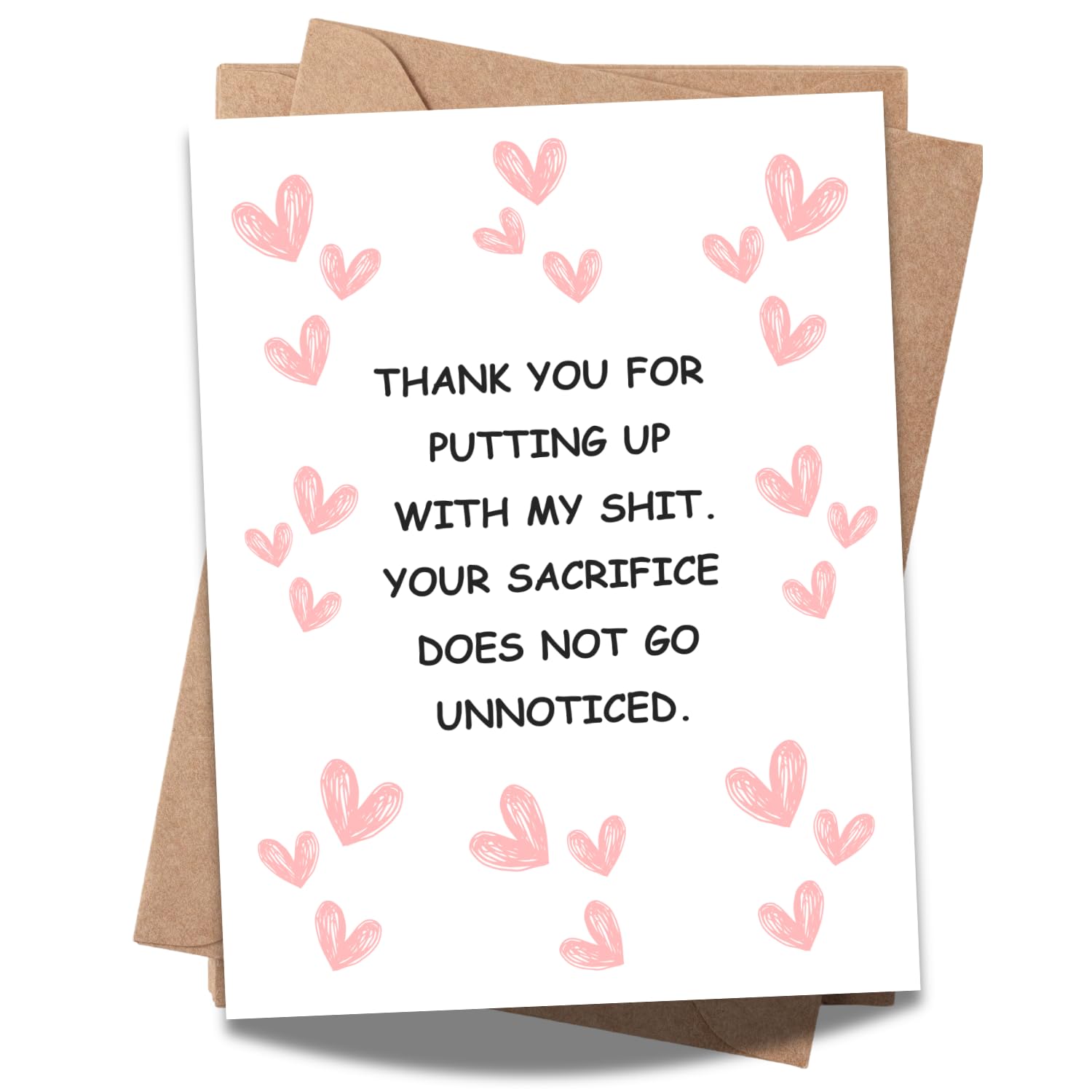 Funny Thank You Card – “Thank You for Putting Up with My Sh*t” | Pink Heart Design, Perfect for Friends, Family, or Colleagues | Humorous Appreciation Card