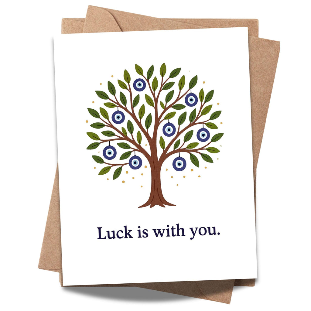 Luck is With You Greeting Card – Evil Eye Tree Design – Handmade Turkish-Inspired Card for Good Luck, Protection, Friendship, or Encouragement – 4.25x5.5