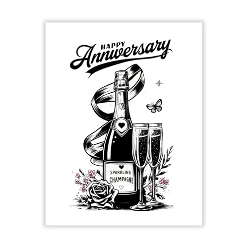 Happy Anniversary Greeting Card for Husband, Wife, Boyfriend, Girlfriend – Wine Bottle and Wine Glass Illustration – Romantic Card – Made in USA