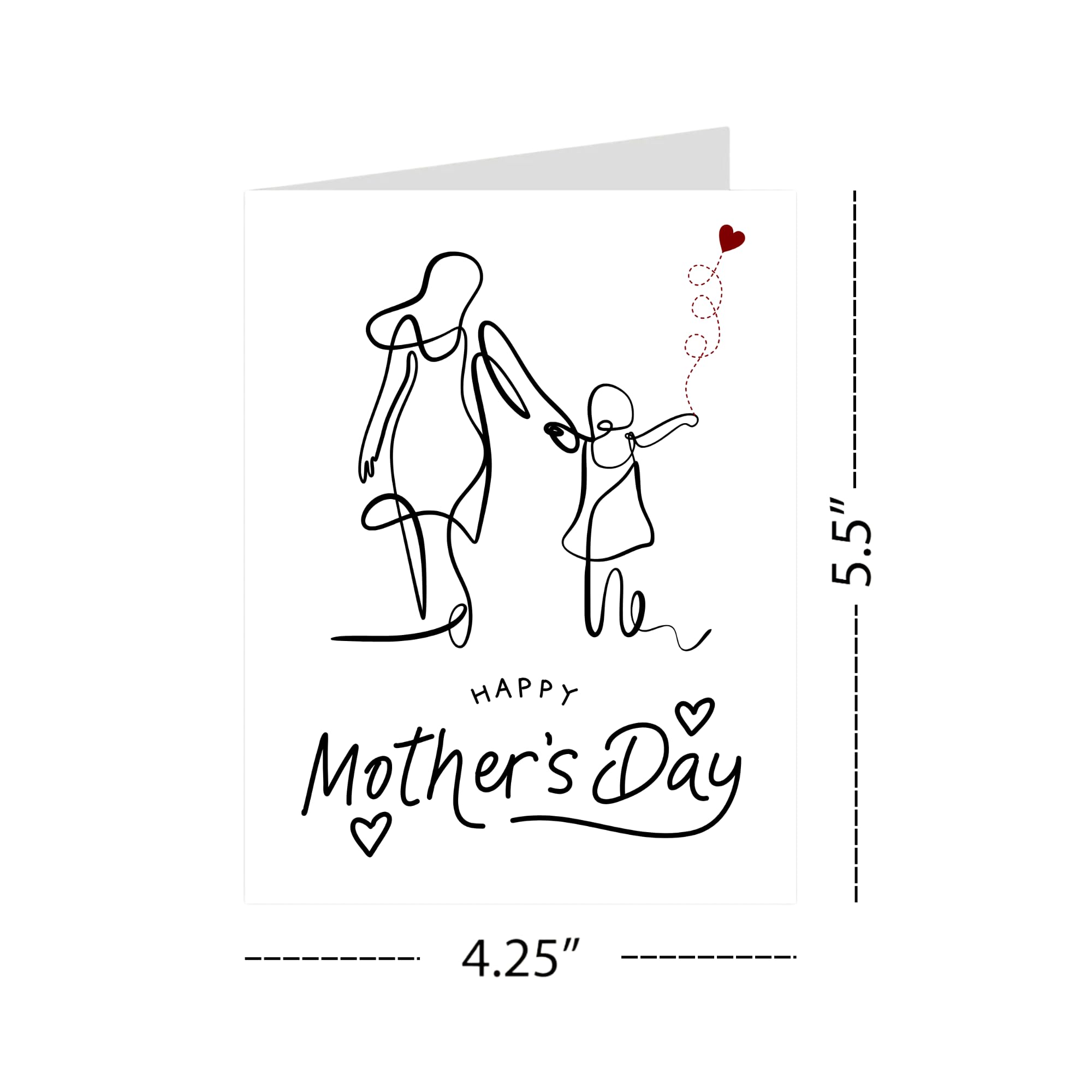 Mother’s Day Greeting Card – Minimalist Line Art of Mom and Child with Heart Balloon – 4.25x5.5 inch – Blank Inside – Elegant Card to Celebrate Mom