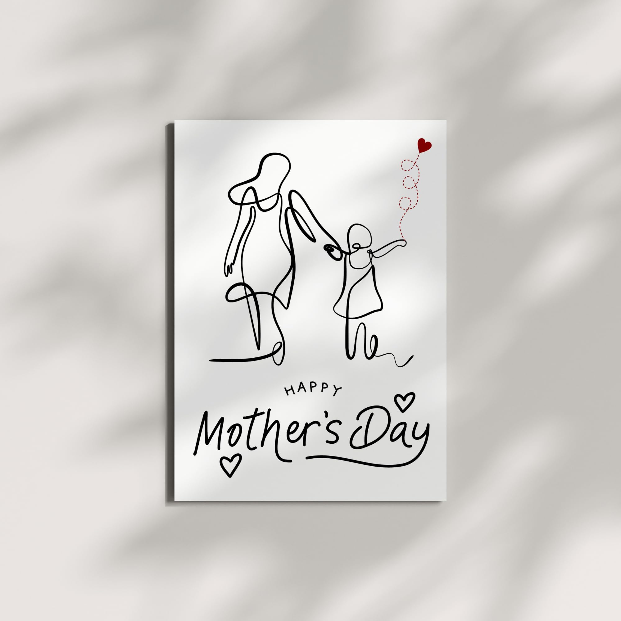 Mother’s Day Greeting Card – Minimalist Line Art of Mom and Child with Heart Balloon – 4.25x5.5 inch – Blank Inside – Elegant Card to Celebrate Mom