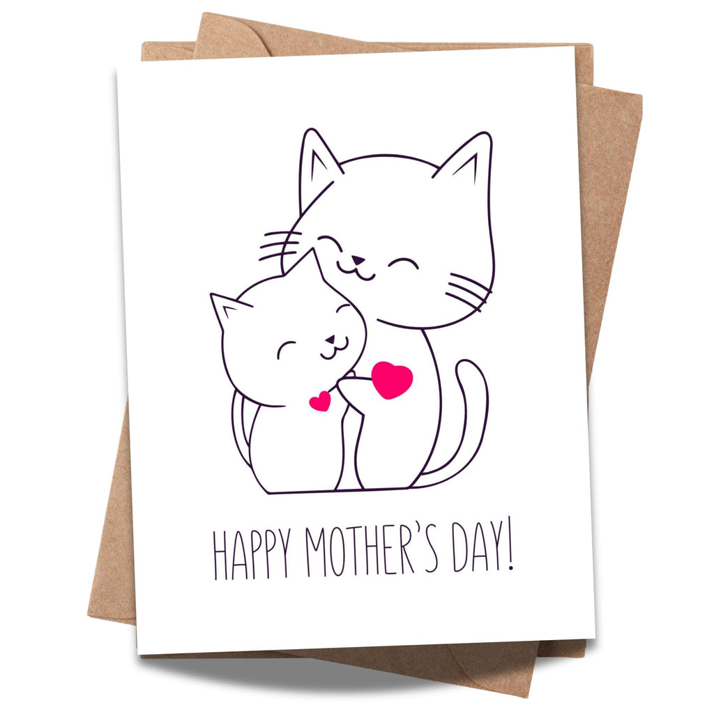 Cute Mother’s Day Card Cat & Kitten Illustration Adorable Heartwarming Design Premium Quality Blank Inside Made in USA