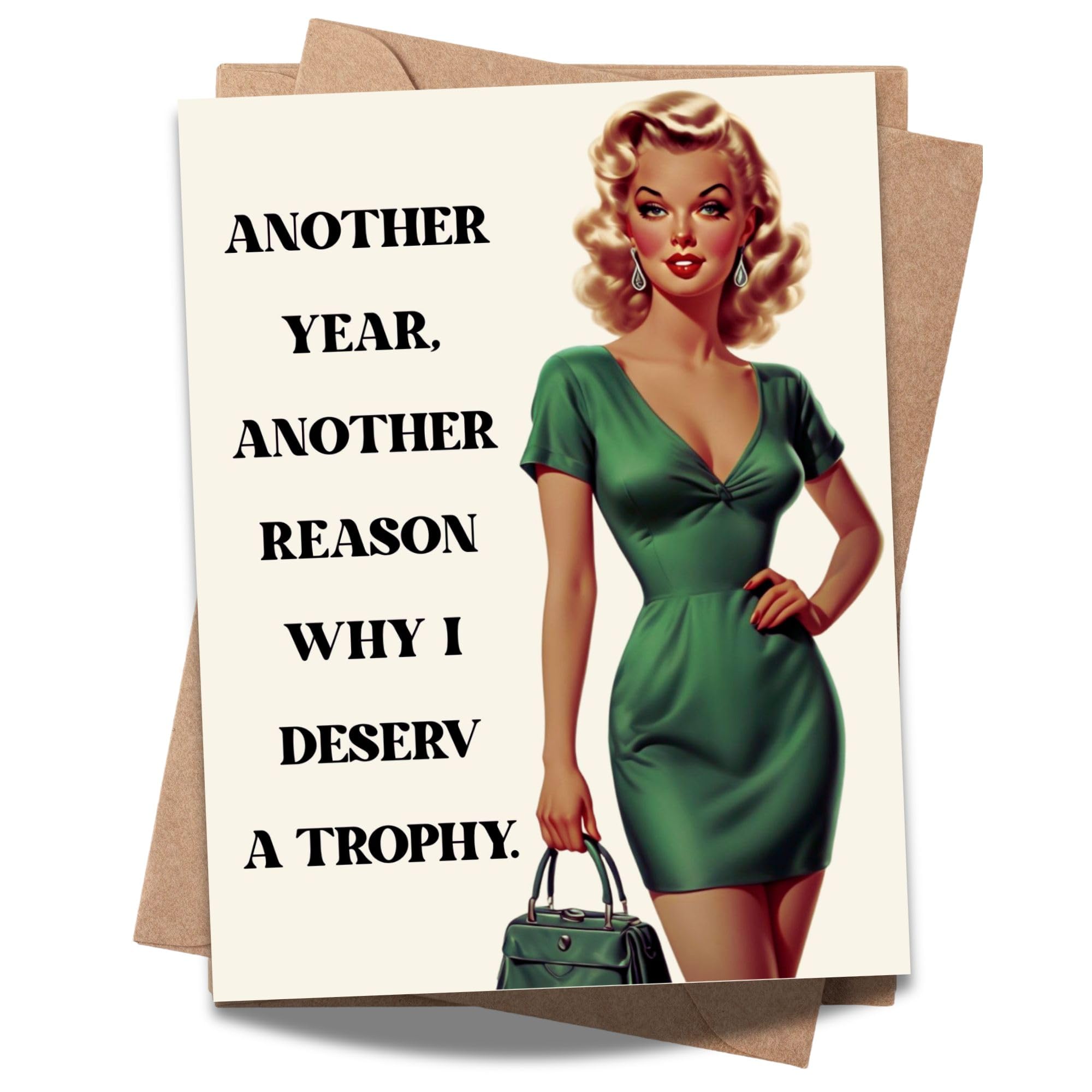 Retro Funny Anniversary Greeting Card Retro Woman Trophy Design for Husband, Wife, Boyfriend, Girlfriend – Love Card for Couples – Made in USA