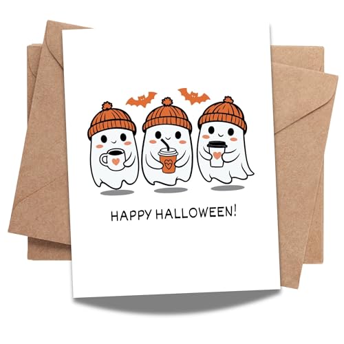 Funny Halloween Greeting Card Cute Spooky Ghost & Pumpkin Design for Kids, Friends, Coworkers, Men, Women – Handmade in USA