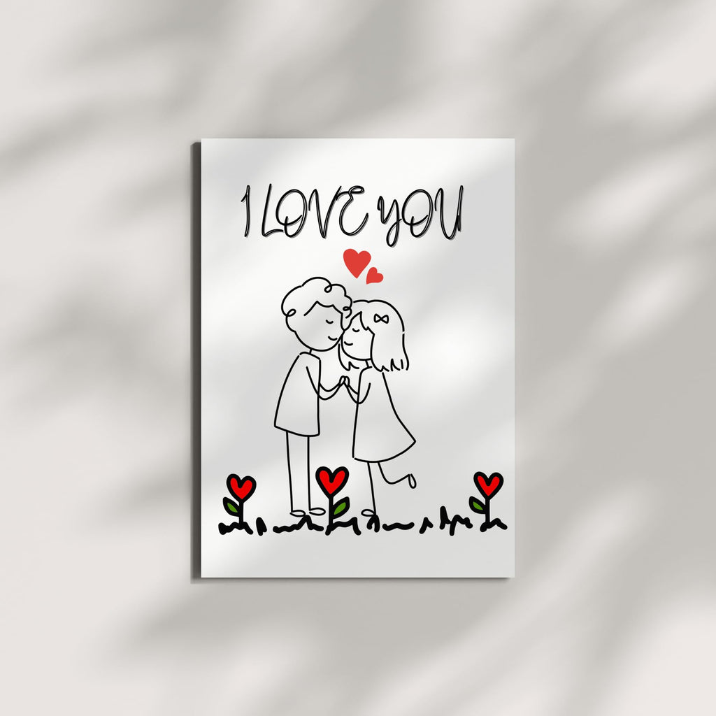 I Love You Cute Couple Greeting Card – Hand-Drawn Romantic Illustration – 4.25x5.5 inch – Blank Inside – Sweet Gift for Anniversary or Valentine’s Day