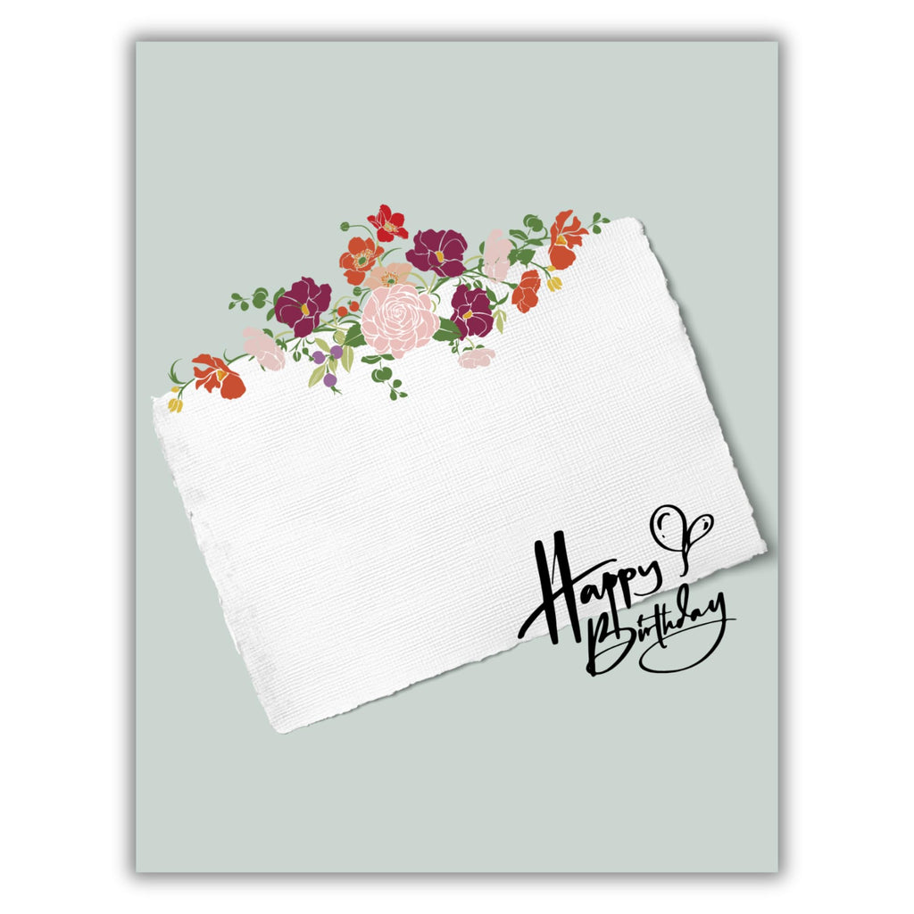 Minimalist Floral Happy Birthday Card – Elegant Textured Paper Look – Blank Inside – Classy Birthday Greeting for Her, Mom, Friend, or Coworker