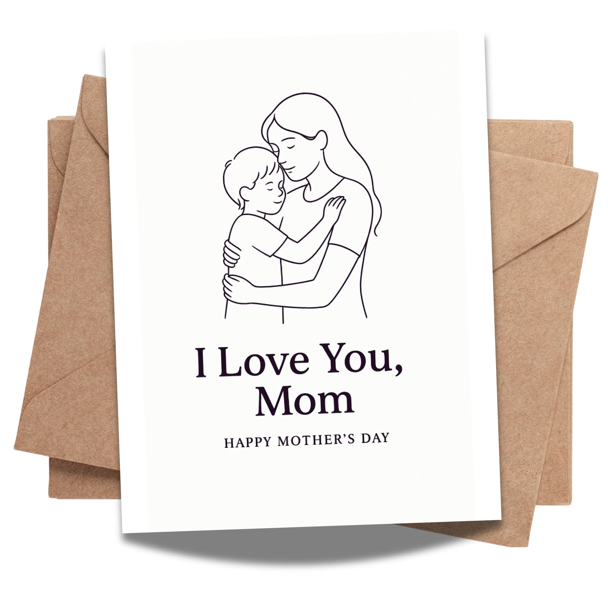 I Love You Mom Mother’s Day Card – Minimalist Line Art of Mom and Child Hug – Blank Inside – 4.25x5.5” Greeting Card – Sweet and Sentimental Gift