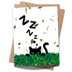 Cute Sleeping Cat Greeting Card – Black Cat with Green Eyes in Leafy Hedge with Zzz’s – 4.25x5.5 inch – Blank Inside – Fun Card for Cat Lovers & Naps