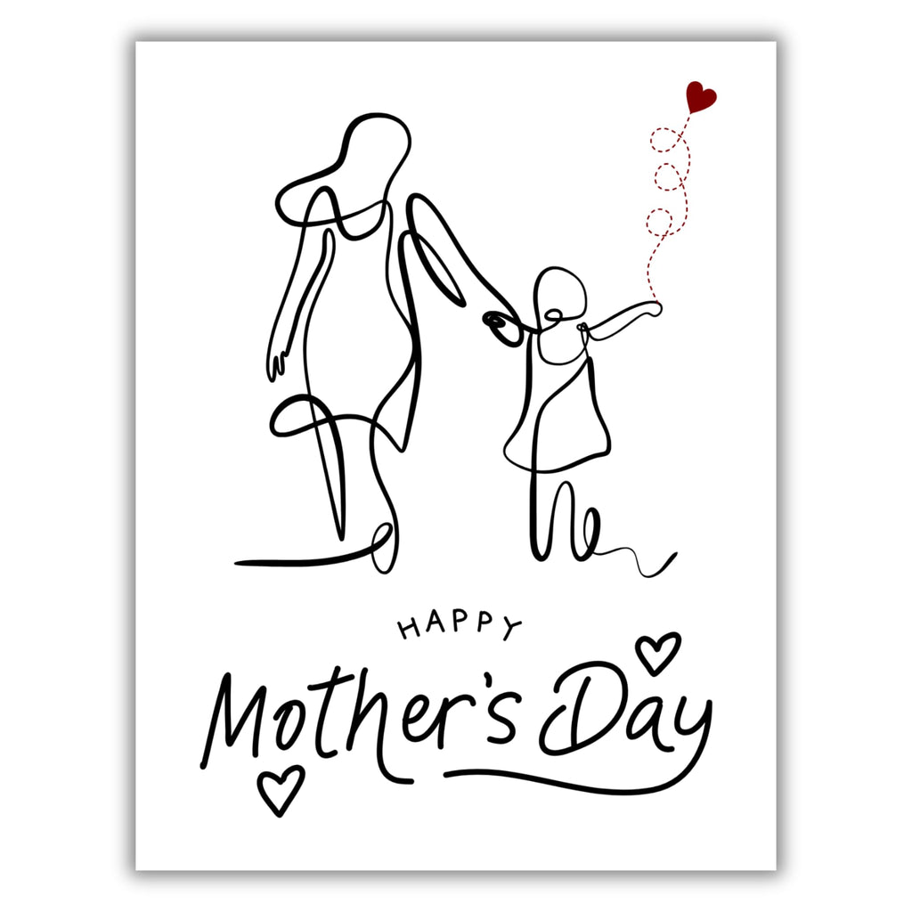 Mother’s Day Greeting Card – Minimalist Line Art of Mom and Child with Heart Balloon – 4.25x5.5 inch – Blank Inside – Elegant Card to Celebrate Mom