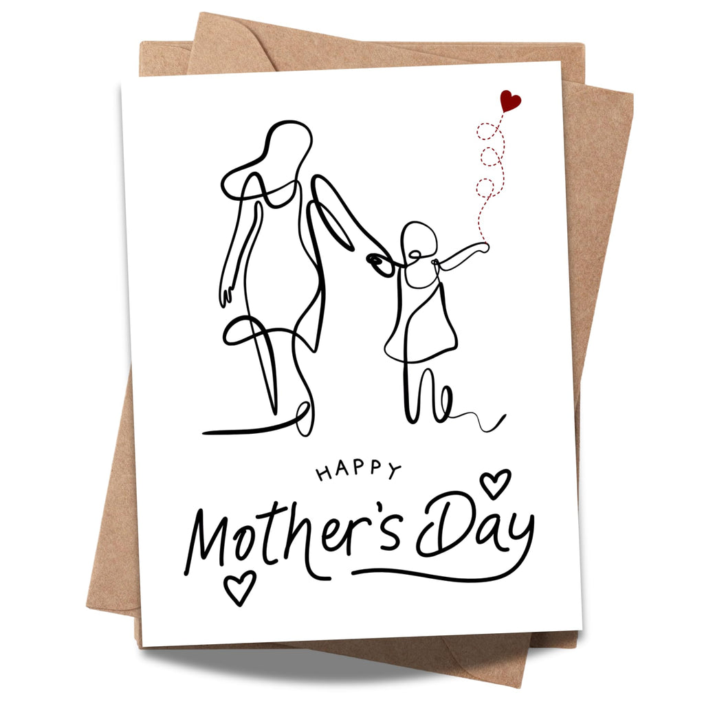 Mother’s Day Greeting Card – Minimalist Line Art of Mom and Child with Heart Balloon – 4.25x5.5 inch – Blank Inside – Elegant Card to Celebrate Mom