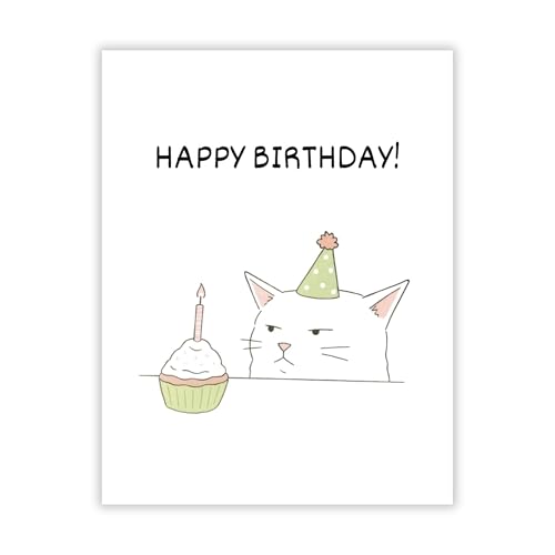 Funny Happy Birthday Cat Card Cute Illustration Greeting for Men, Women, Kids, Friends, Coworkers Handmade in USA
