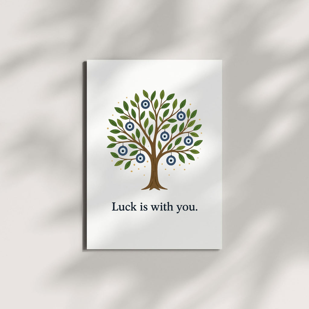 Luck is With You Greeting Card – Evil Eye Tree Design – Handmade Turkish-Inspired Card for Good Luck, Protection, Friendship, or Encouragement – 4.25x5.5