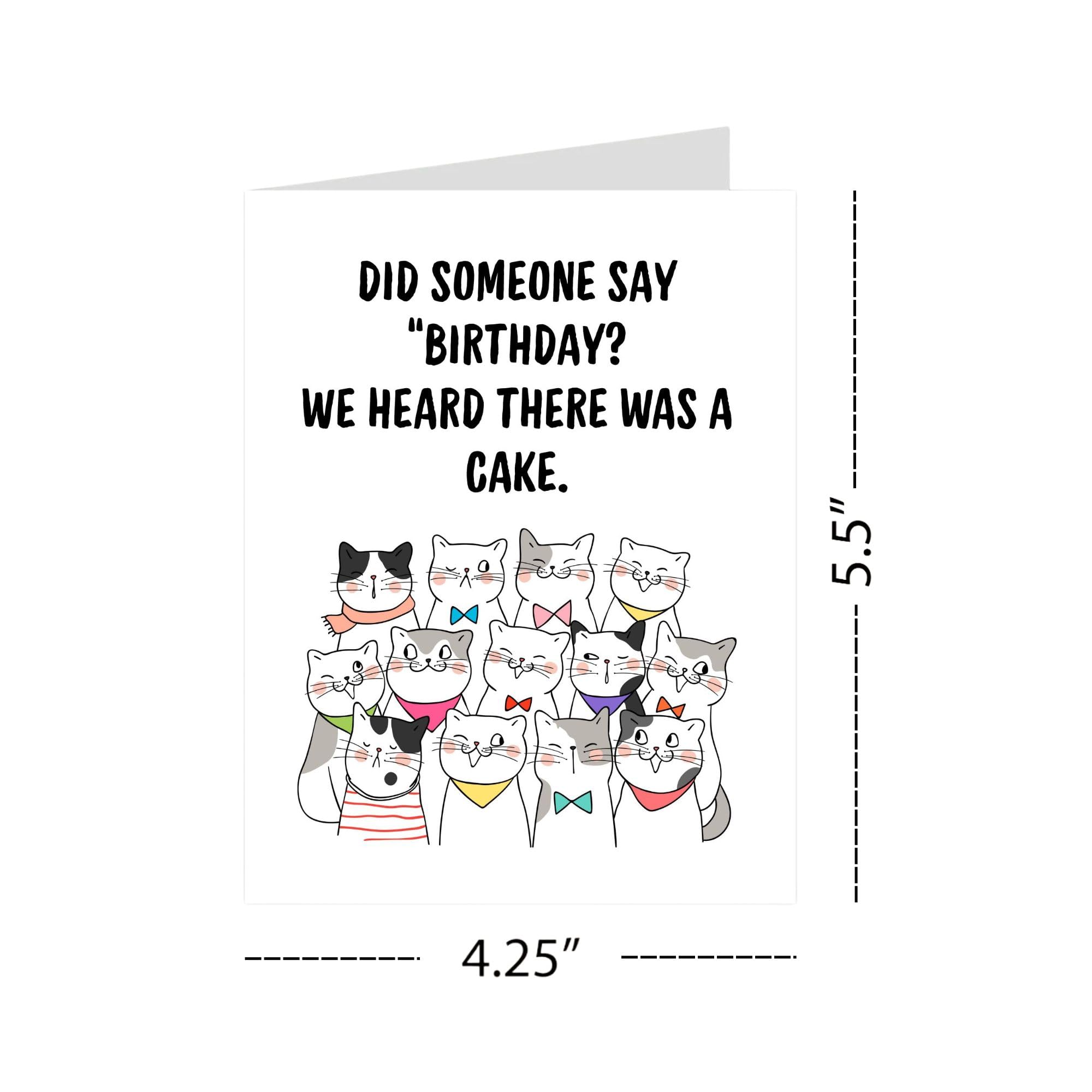 Funny Cat Birthday Card “Did Someone Say Birthday? We Heard There Was a Cake” Cute Group of Cats Illustration – Handmade Greeting Card USA