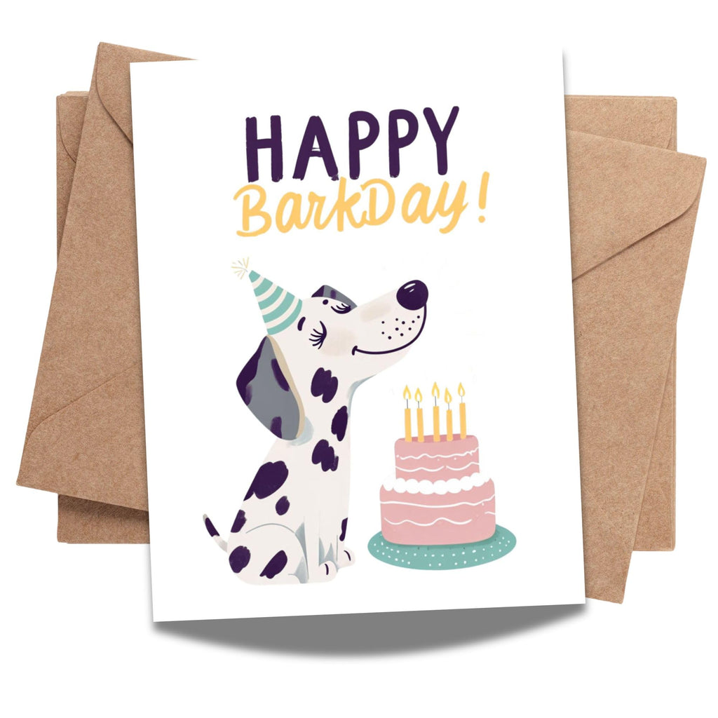 Happy Barkday Greeting Card Dog Birthday Card with Cake Illustration – Fun Pet-Themed Card for Dog Lovers, Friends, Men, Women, Kids – Made in USA