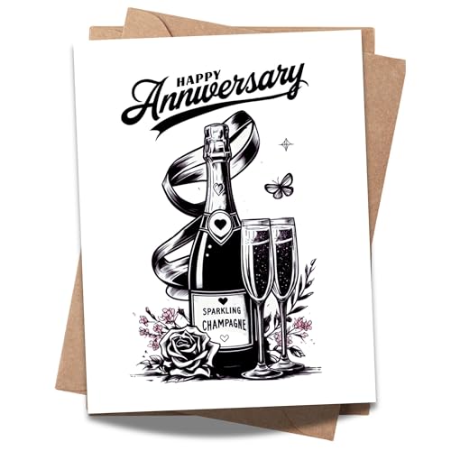 Happy Anniversary Greeting Card for Husband, Wife, Boyfriend, Girlfriend – Wine Bottle and Wine Glass Illustration – Romantic Card – Made in USA