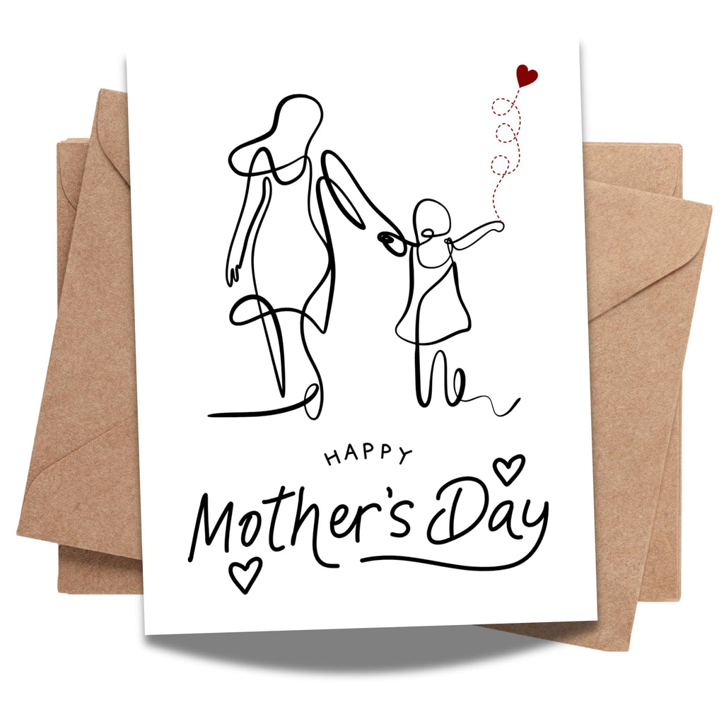 Mother’s Day Greeting Card – Minimalist Line Art of Mom and Child with Heart Balloon – 4.25x5.5 inch – Blank Inside – Elegant Card to Celebrate Mom
