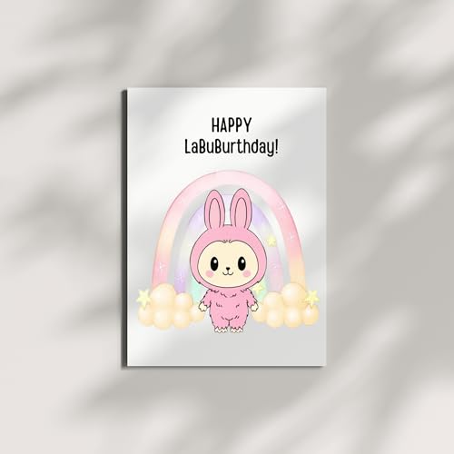 Cute Birthday Card Compatible with Labubu Birthday Theme, Handmade Greeting Card for Kids, Friends, Collectors, Anime-Inspired Gift