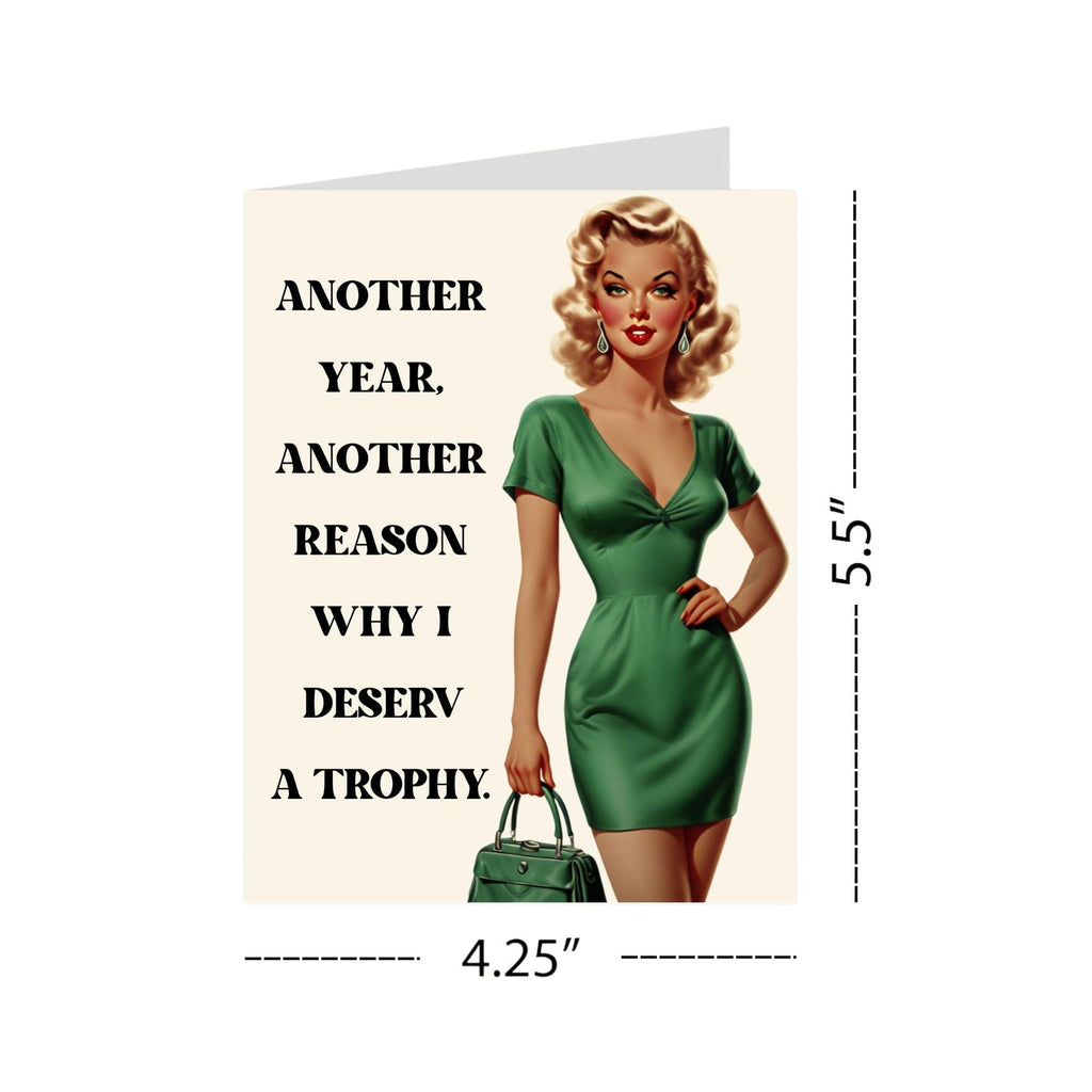 Retro Funny Anniversary Greeting Card Retro Woman Trophy Design for Husband, Wife, Boyfriend, Girlfriend – Love Card for Couples – Made in USA
