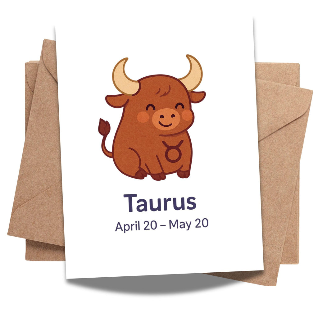 Taurus Zodiac Greeting Card – April 20 to May 20 – Handmade Astrology Birthday Card with Cute Bull Design – Blank Inside – 4.25 x 5.5” – Earth Sign Gift