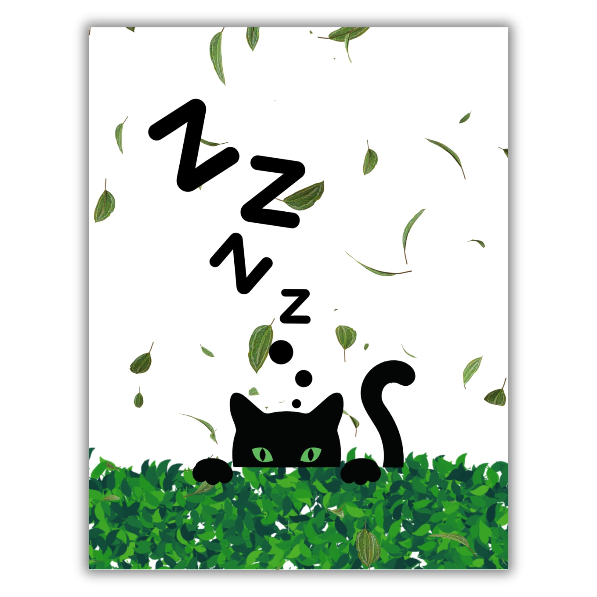 Cute Sleeping Cat Greeting Card – Black Cat with Green Eyes in Leafy Hedge with Zzz’s – 4.25x5.5 inch – Blank Inside – Fun Card for Cat Lovers & Naps