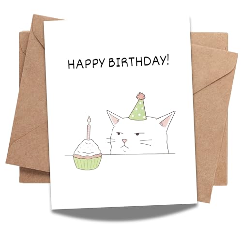 Funny Happy Birthday Cat Card Cute Illustration Greeting for Men, Women, Kids, Friends, Coworkers Handmade in USA