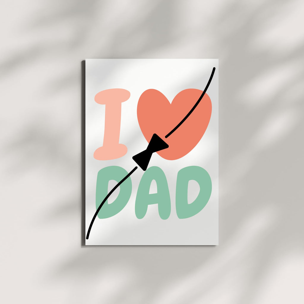 I Love Dad Greeting Card – Cute Father’s Day Card with Heart and Bow Tie Design – 4.25x5.5 inch – Blank Inside – Fun Gift for Dad from Kids or Adults