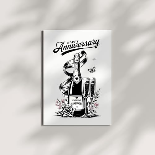 Happy Anniversary Greeting Card for Husband, Wife, Boyfriend, Girlfriend – Wine Bottle and Wine Glass Illustration – Romantic Card – Made in USA