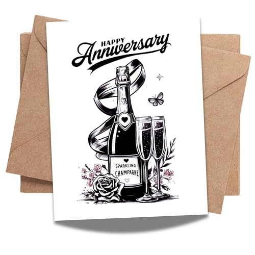 Happy Anniversary Greeting Card for Husband, Wife, Boyfriend, Girlfriend – Wine Bottle and Wine Glass Illustration – Romantic Card – Made in USA