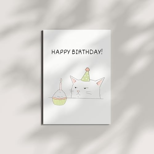 Funny Happy Birthday Cat Card Cute Illustration Greeting for Men, Women, Kids, Friends, Coworkers Handmade in USA